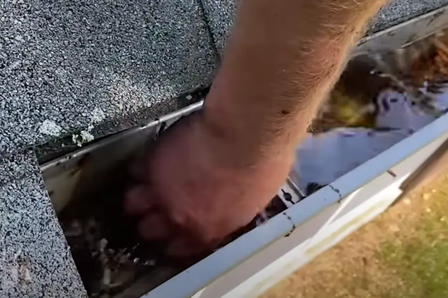 Clearing leaves from a clogged residential gutter